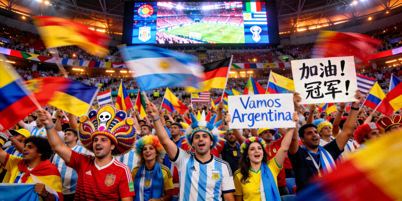 世界杯球迷观赛现场盛况 - 看台上挥舞旗帜的狂热球迷